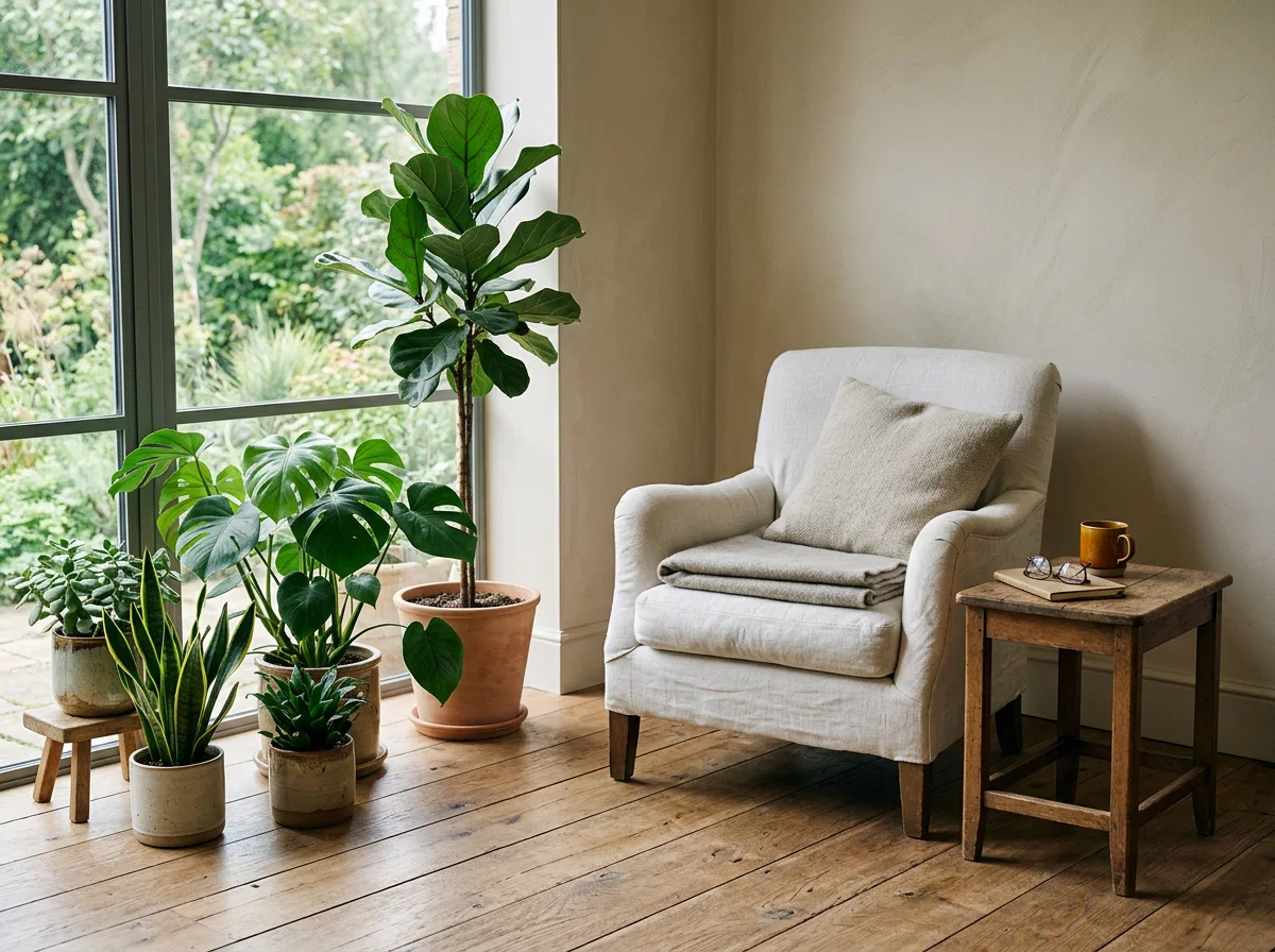 A neat parcel wrapped in brown kraft paper sitting on a doorstep beside a potted plant, morning light