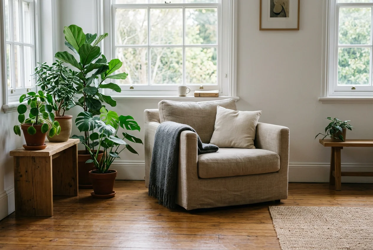 A glass of water and an amber supplement jar on a light-wood morning table beside a plant, soft diffused daylight