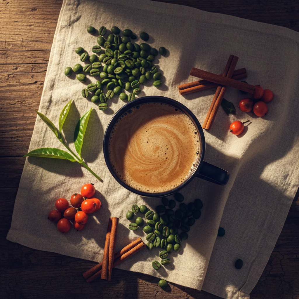 Flat-lay of green coffee beans and botanicals on a dark navy surface