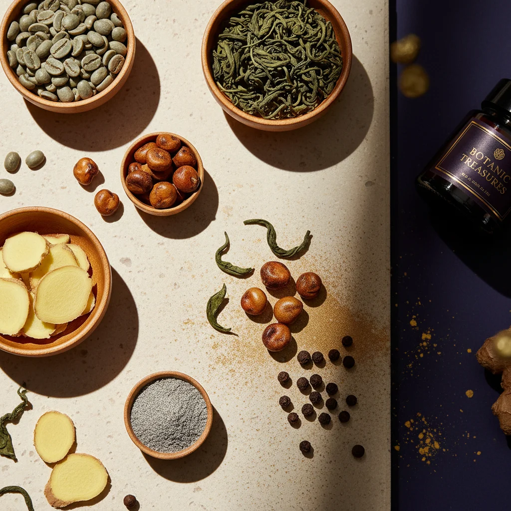 Flat-lay of green coffee beans, tea leaves, guarana seeds, ginger and botanicals on cream stone