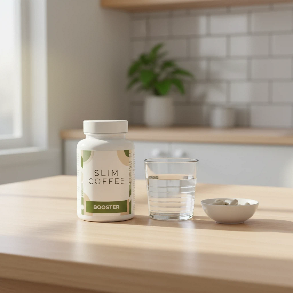 Slim Coffee Booster box with open sachet and green coffee bean on a dark surface